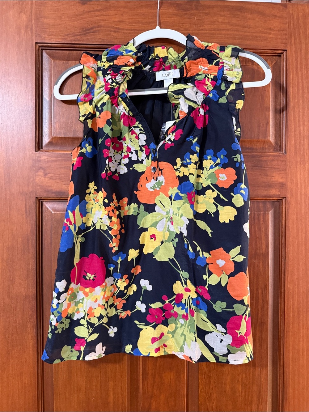 LOFT Black Floral Ruffle-Neck Sleeveless Camisole with Bright Blooms
